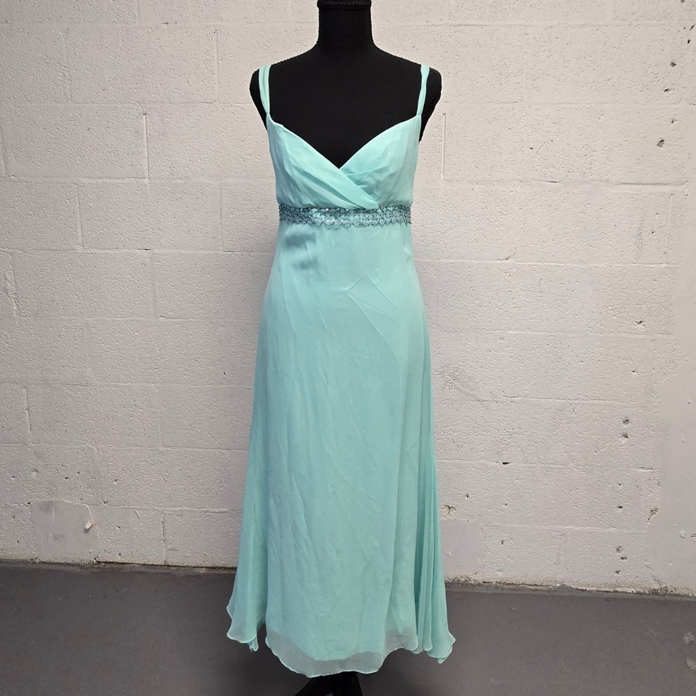 Jim Hjelm Occasions Aqua Blue Chiffon Beaded Empire Waist Formal Gown Dress 8